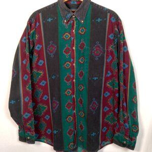 Vintage Chamois Shirt Men Large Southwest Geometric Maroon Green Western Flannel